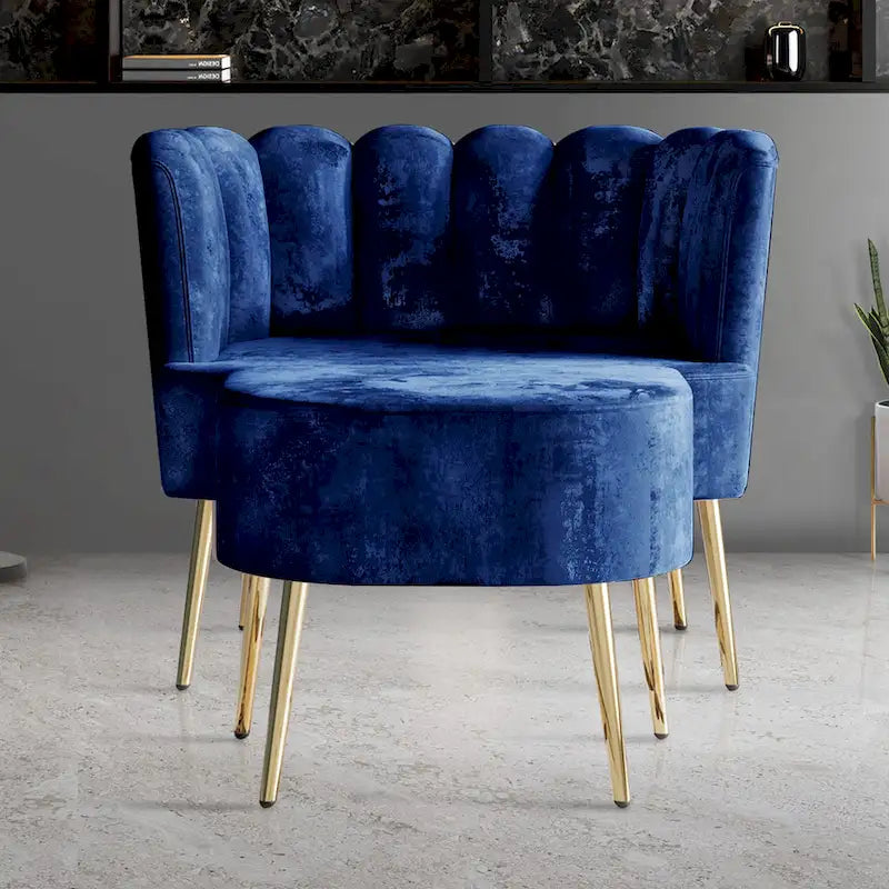 Fauteuil d'appoint en velours gris clair / bleu marine / noir / gris argenté / rose clair avec ottomane, 1 place, pieds dorés