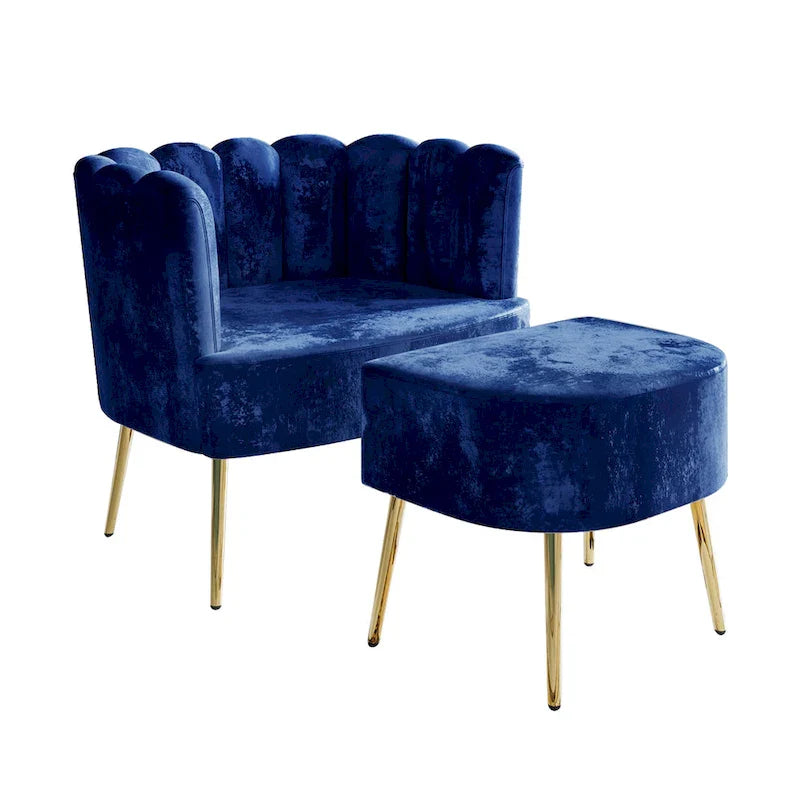 Fauteuil d'appoint en velours gris clair / bleu marine / noir / gris argenté / rose clair avec ottomane, 1 place, pieds dorés
