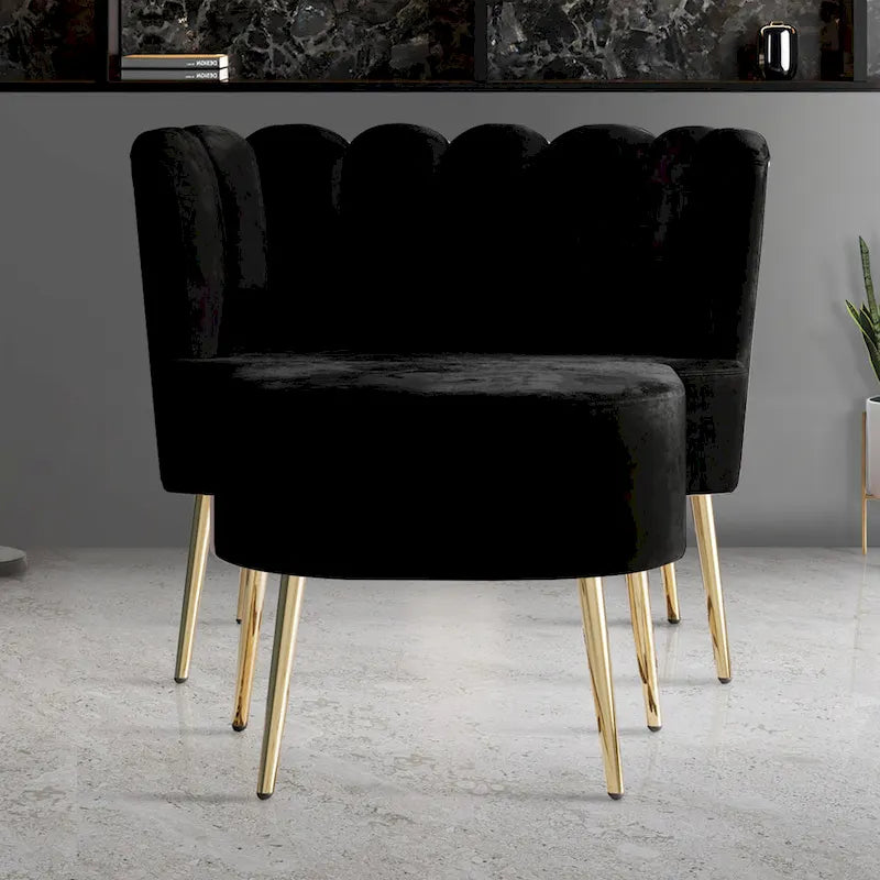 Fauteuil d'appoint en velours gris clair / bleu marine / noir / gris argenté / rose clair avec ottomane, 1 place, pieds dorés