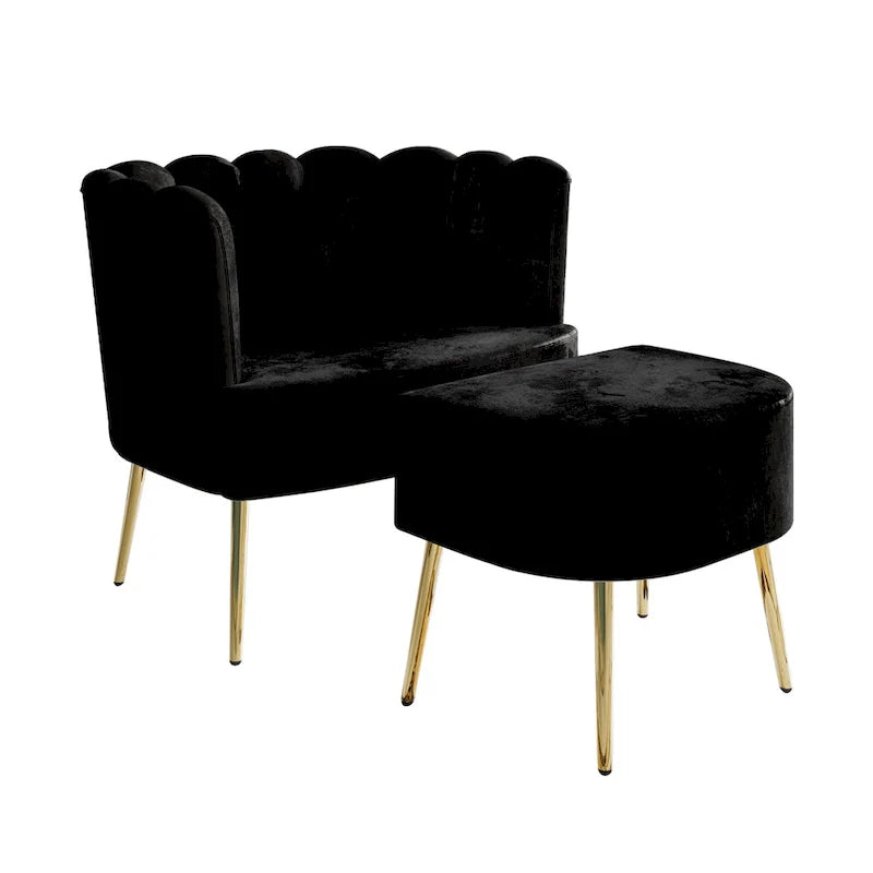 Fauteuil d'appoint en velours gris clair / bleu marine / noir / gris argenté / rose clair avec ottomane, 1 place, pieds dorés