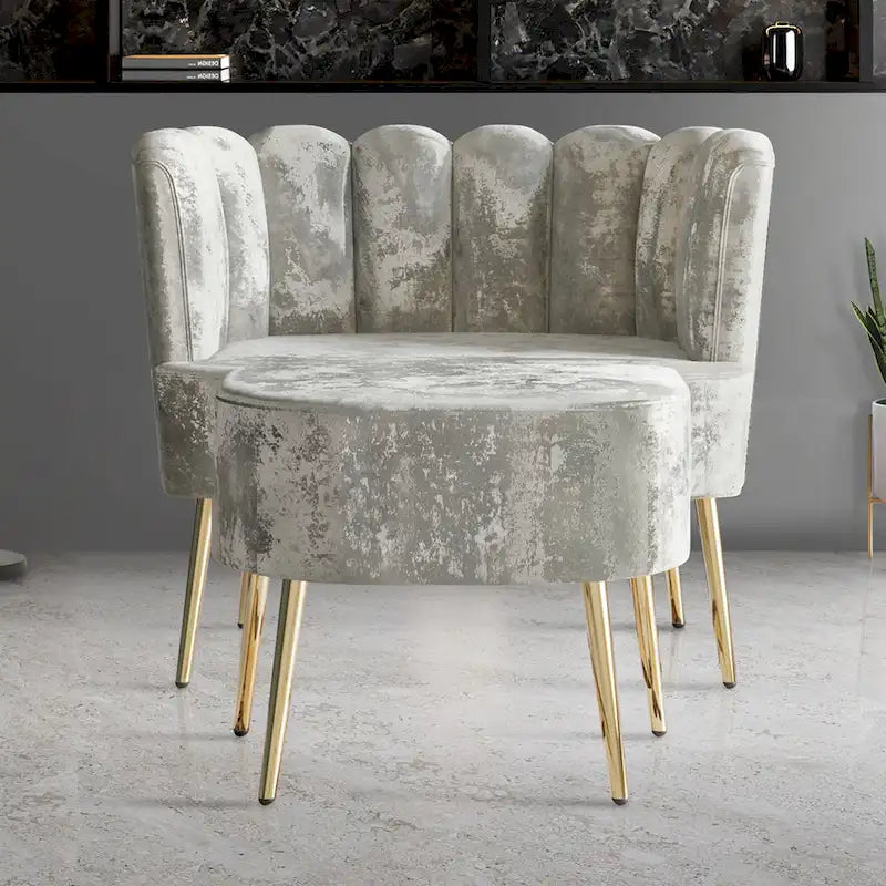 Fauteuil d'appoint en velours gris clair / bleu marine / noir / gris argenté / rose clair avec ottomane, 1 place, pieds dorés