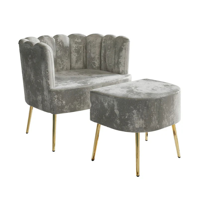 Fauteuil d'appoint en velours gris clair / bleu marine / noir / gris argenté / rose clair avec ottomane, 1 place, pieds dorés