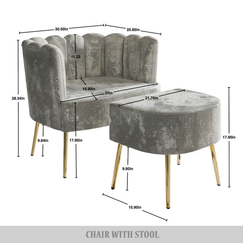 Fauteuil d'appoint en velours gris clair / bleu marine / noir / gris argenté / rose clair avec ottomane, 1 place, pieds dorés