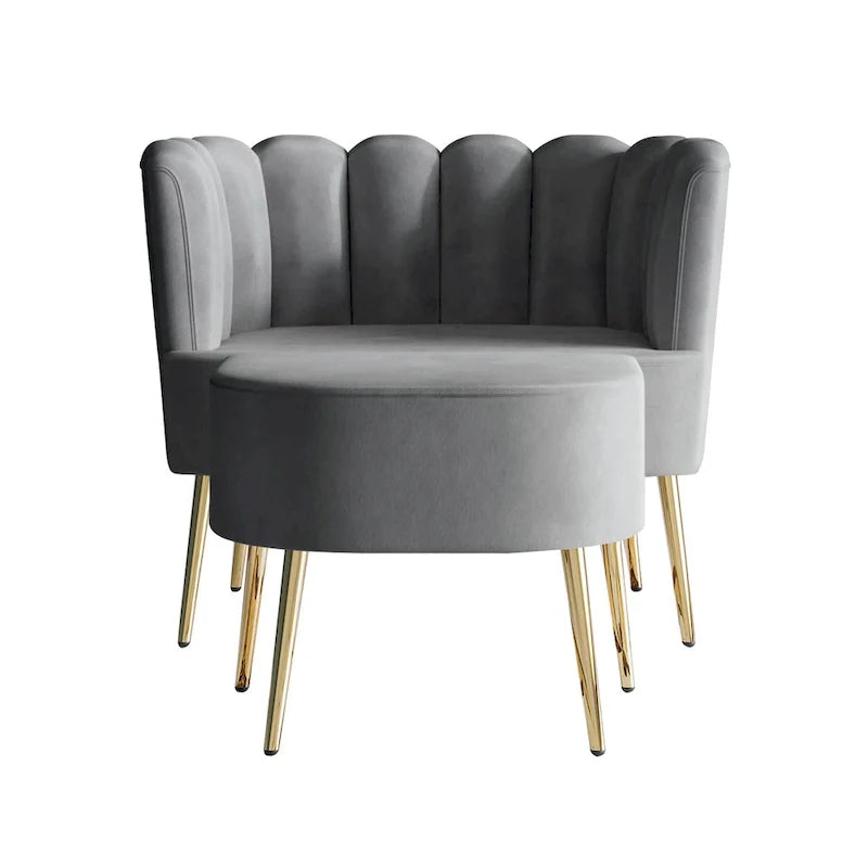 Fauteuil d'appoint en velours gris clair / bleu marine / noir / gris argenté / rose clair avec ottomane, 1 place, pieds dorés