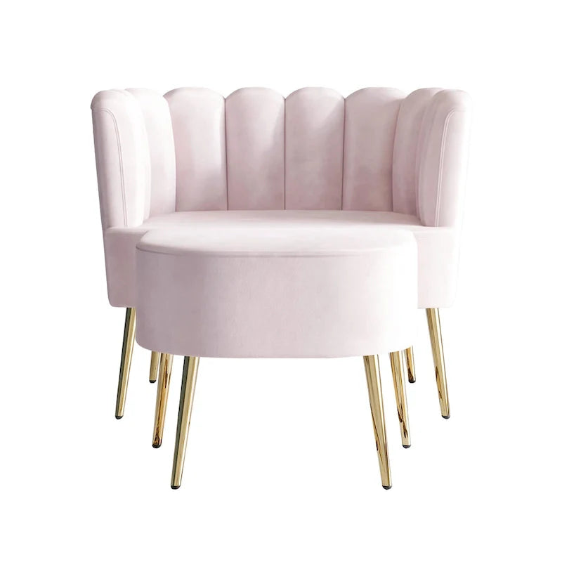 Fauteuil d'appoint en velours gris clair / bleu marine / noir / gris argenté / rose clair avec ottomane, 1 place, pieds dorés