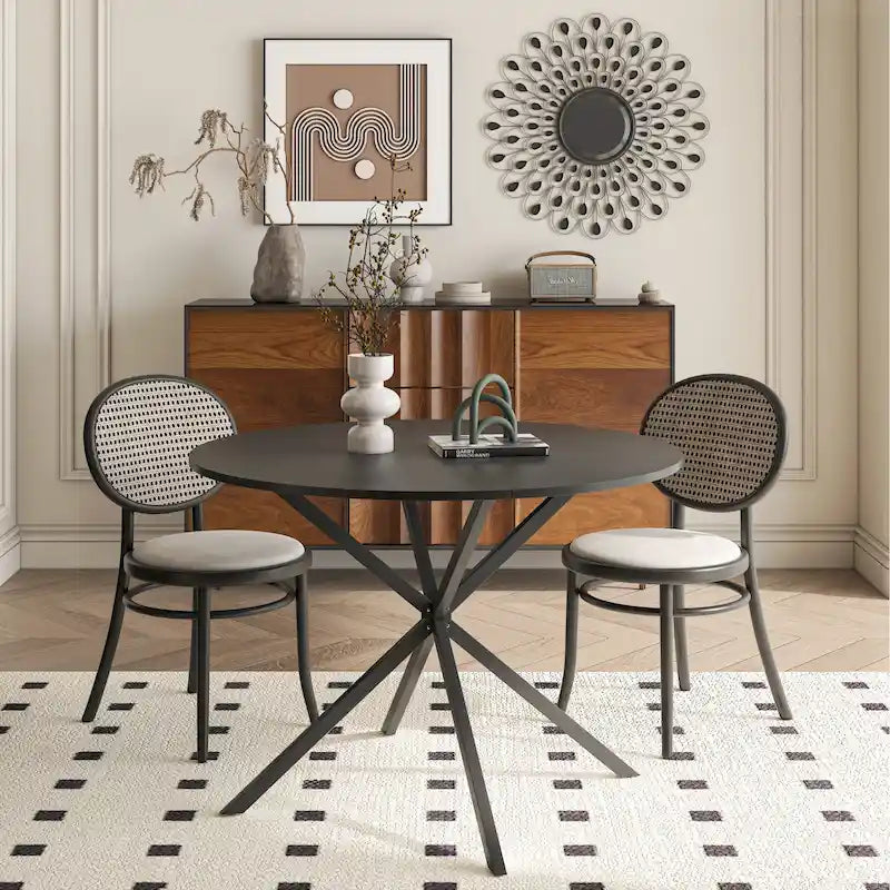 Table de salle à manger ronde, piètement croisé, noir / blanc / marbre blanc, 2 personnes, plateau amovible en 2 parties