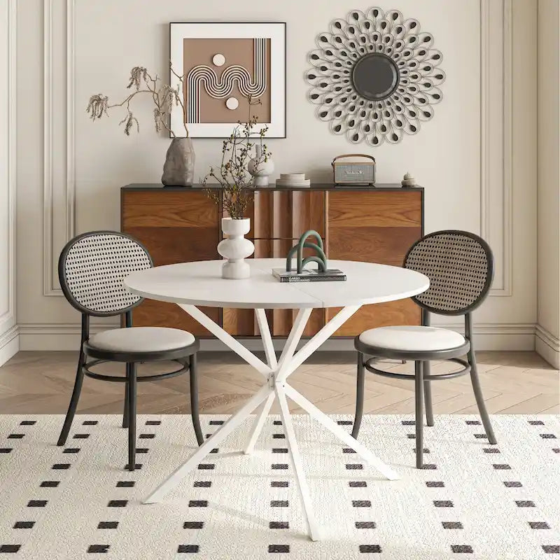 Table de salle à manger ronde, piètement croisé, noir / blanc / marbre blanc, 2 personnes, plateau amovible en 2 parties