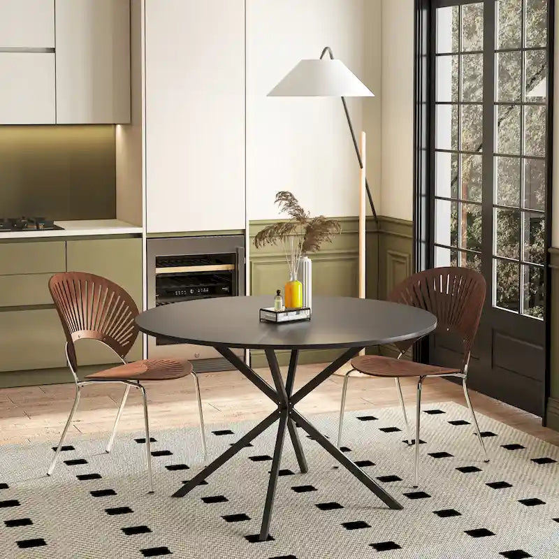 Table de salle à manger ronde, piètement croisé, noir / blanc / marbre blanc, 2 personnes, plateau amovible en 2 parties