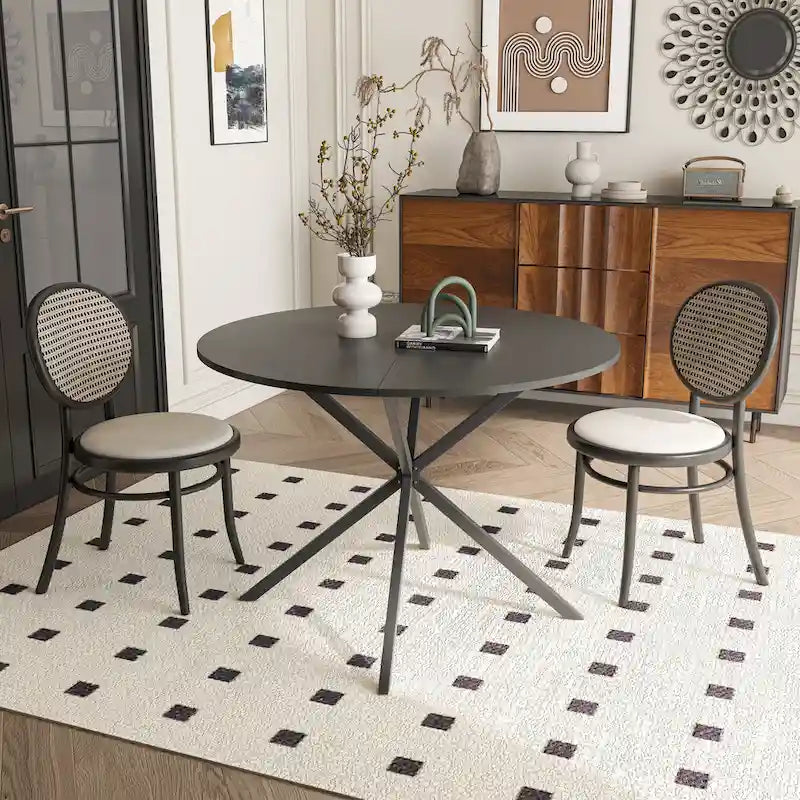 Table de salle à manger ronde, piètement croisé, noir / blanc / marbre blanc, 2 personnes, plateau amovible en 2 parties