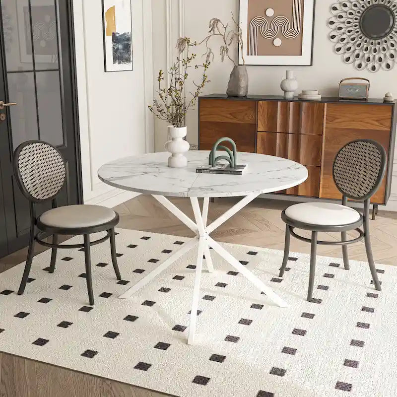 Table de salle à manger ronde, piètement croisé, noir / blanc / marbre blanc, 2 personnes, plateau amovible en 2 parties