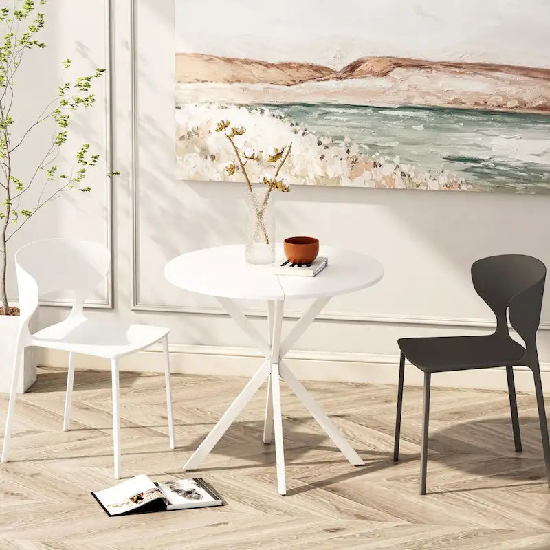 Table de salle à manger ronde, piètement croisé, noir / blanc / marbre blanc, 2 personnes, plateau amovible en 2 parties