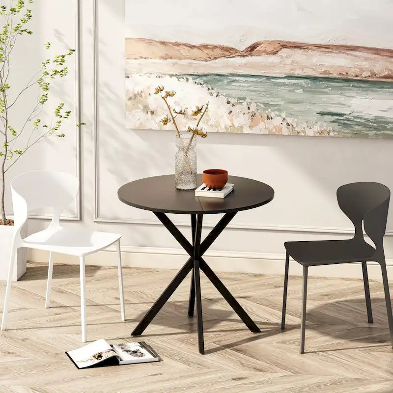 Table de salle à manger ronde, piètement croisé, noir / blanc / marbre blanc, 2 personnes, plateau amovible en 2 parties