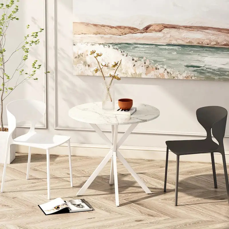 Table de salle à manger ronde, piètement croisé, noir / blanc / marbre blanc, 2 personnes, plateau amovible en 2 parties