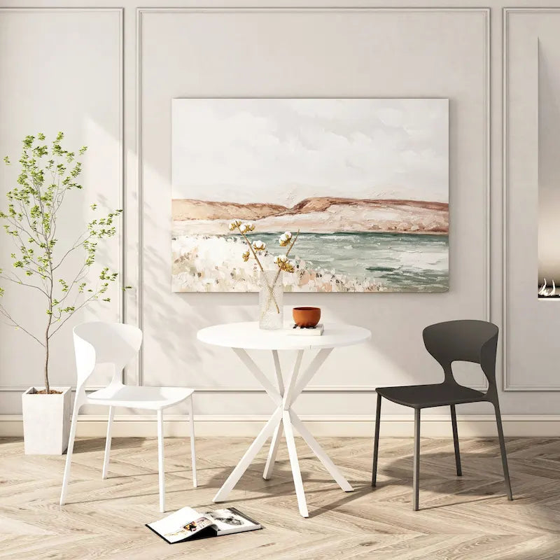 Table de salle à manger ronde, piètement croisé, noir / blanc / marbre blanc, 2 personnes, plateau amovible en 2 parties