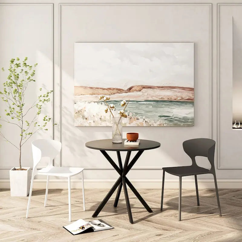 Table de salle à manger ronde, piètement croisé, noir / blanc / marbre blanc, 2 personnes, plateau amovible en 2 parties