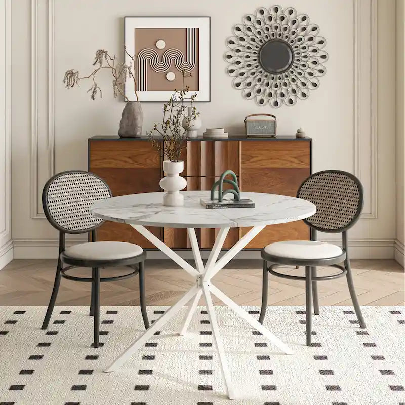 Table de salle à manger ronde, piètement croisé, noir / blanc / marbre blanc, 2 personnes, plateau amovible en 2 parties