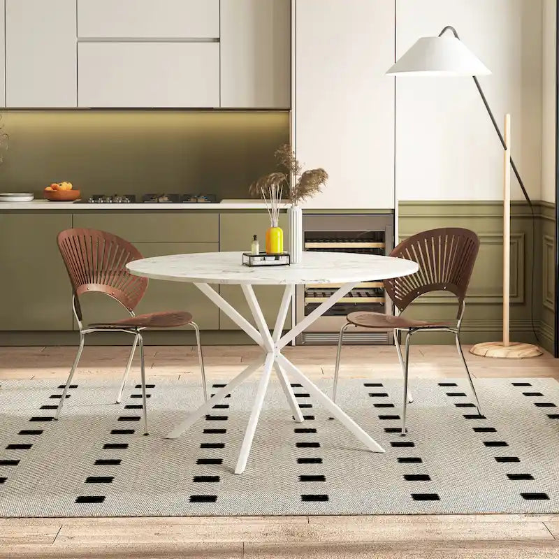 Table de salle à manger ronde, piètement croisé, noir / blanc / marbre blanc, 2 personnes, plateau amovible en 2 parties