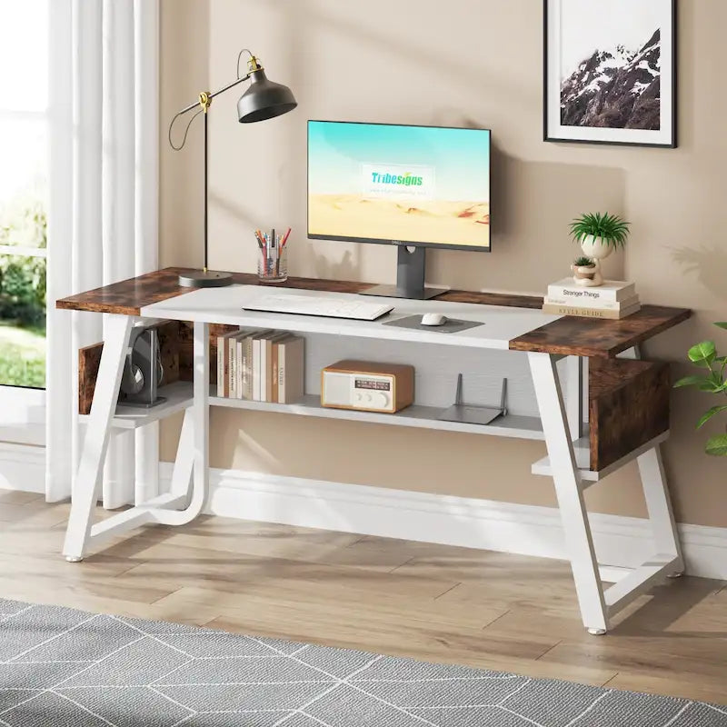 Bureau de 160 cm avec étagère inférieure, brun+blanc / brun rustique+noir, 1 personne