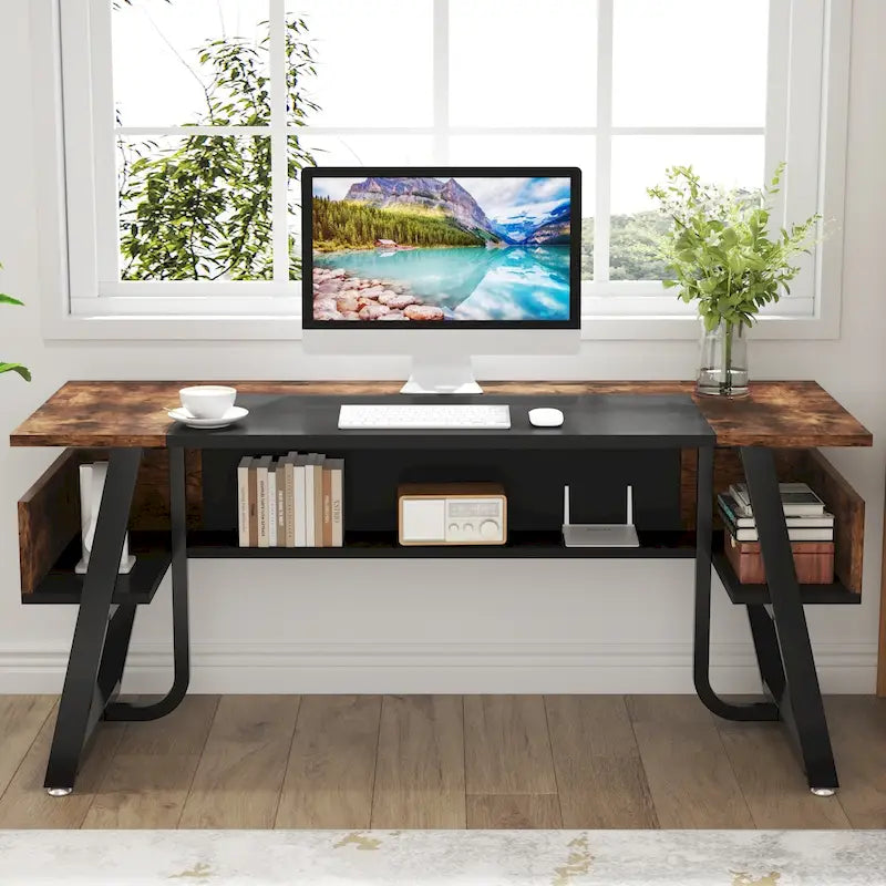 Bureau de 160 cm avec étagère inférieure, brun+blanc / brun rustique+noir, 1 personne