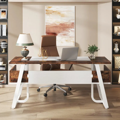 Bureau de 160 cm avec étagère inférieure, brun+blanc / brun rustique+noir, 1 personne