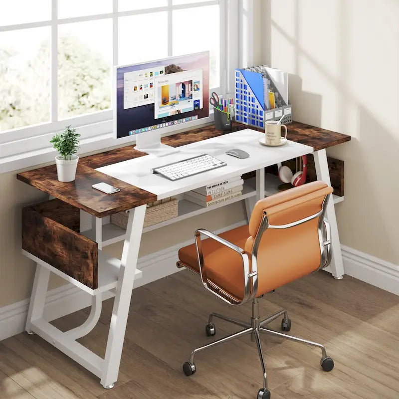 Bureau de 160 cm avec étagère inférieure, brun+blanc / brun rustique+noir, 1 personne