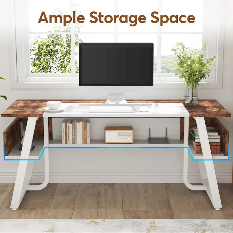 Bureau de 160 cm avec étagère inférieure, brun+blanc / brun rustique+noir, 1 personne