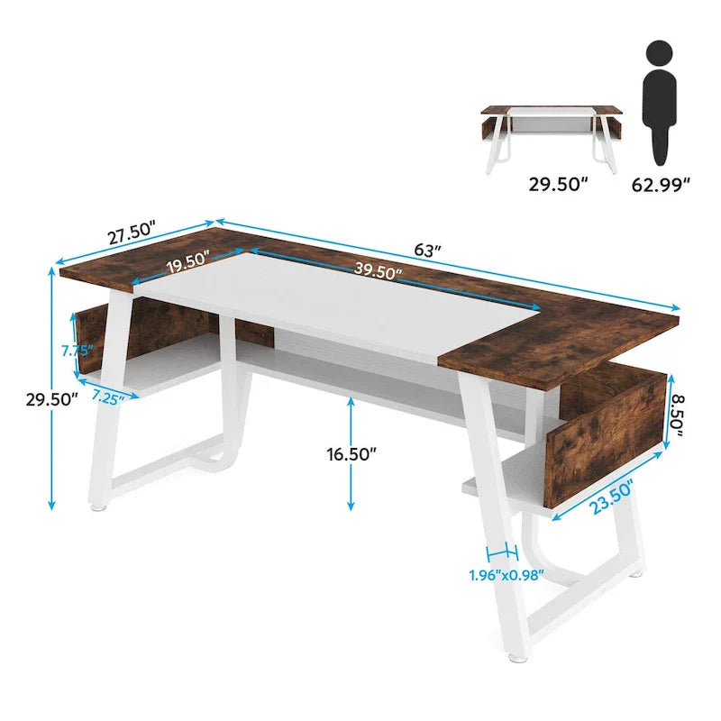 Bureau de 160 cm avec étagère inférieure, brun+blanc / brun rustique+noir, 1 personne
