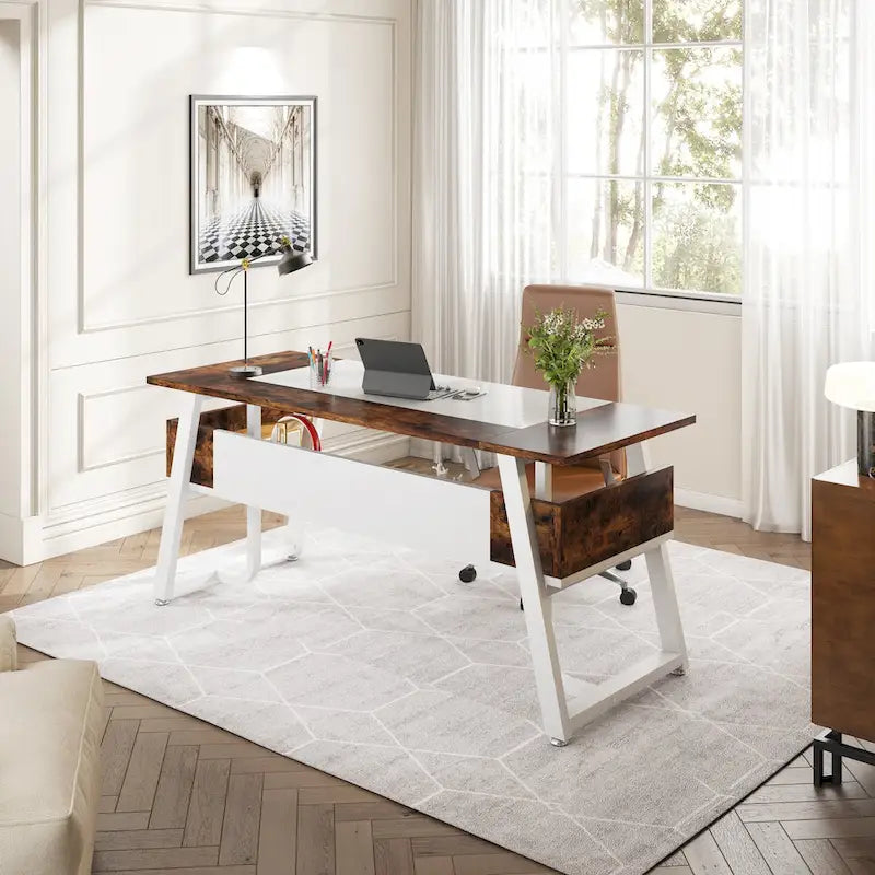 Bureau de 160 cm avec étagère inférieure, brun+blanc / brun rustique+noir, 1 personne