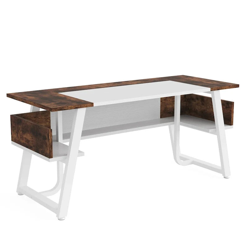 Bureau de 160 cm avec étagère inférieure, brun+blanc / brun rustique+noir, 1 personne