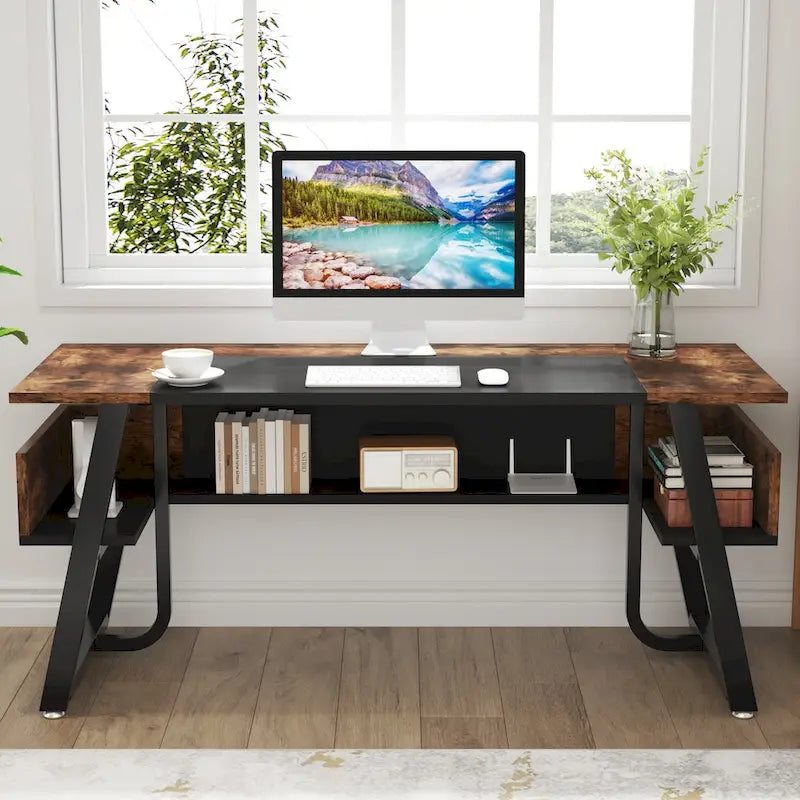 Bureau de 160 cm avec étagère inférieure, brun+blanc / brun rustique+noir, 1 personne