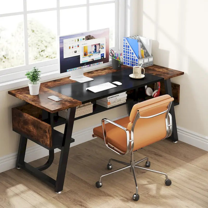 Bureau de 160 cm avec étagère inférieure, brun+blanc / brun rustique+noir, 1 personne