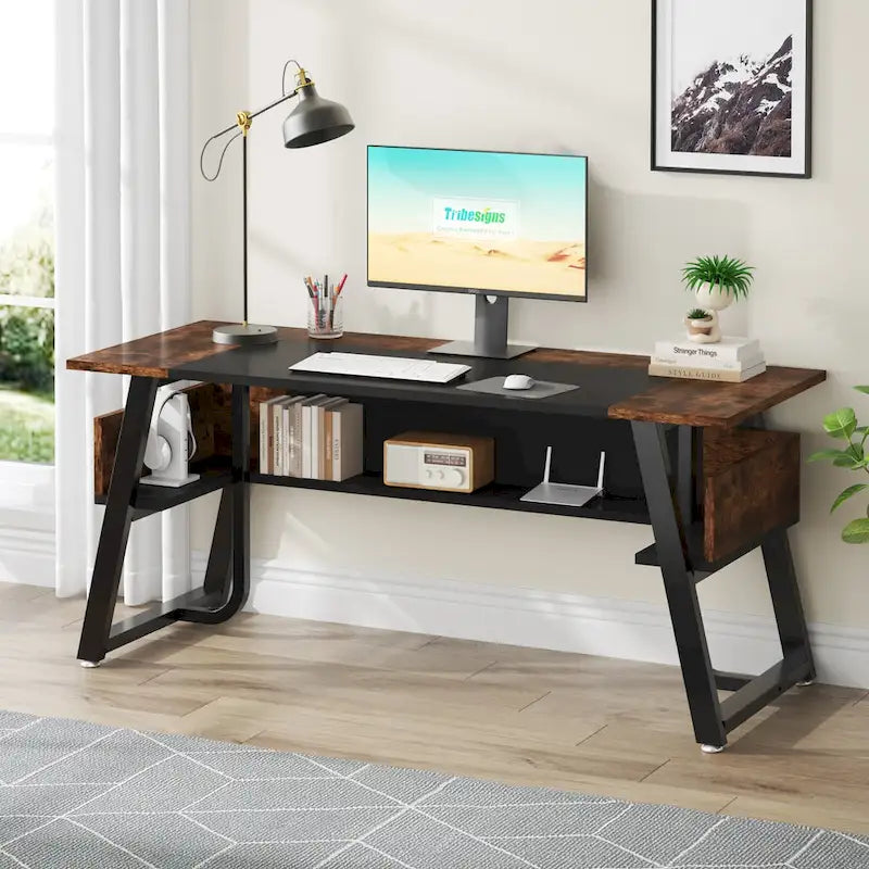 Bureau de 160 cm avec étagère inférieure, brun+blanc / brun rustique+noir, 1 personne