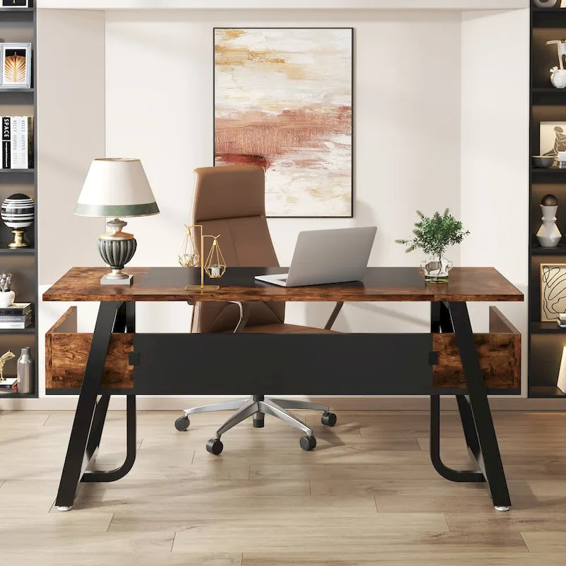 Bureau de 160 cm avec étagère inférieure, brun+blanc / brun rustique+noir, 1 personne