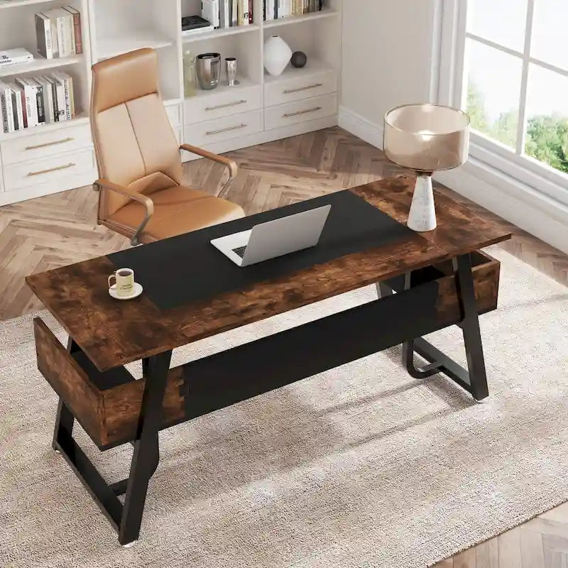 Bureau de 160 cm avec étagère inférieure, brun+blanc / brun rustique+noir, 1 personne