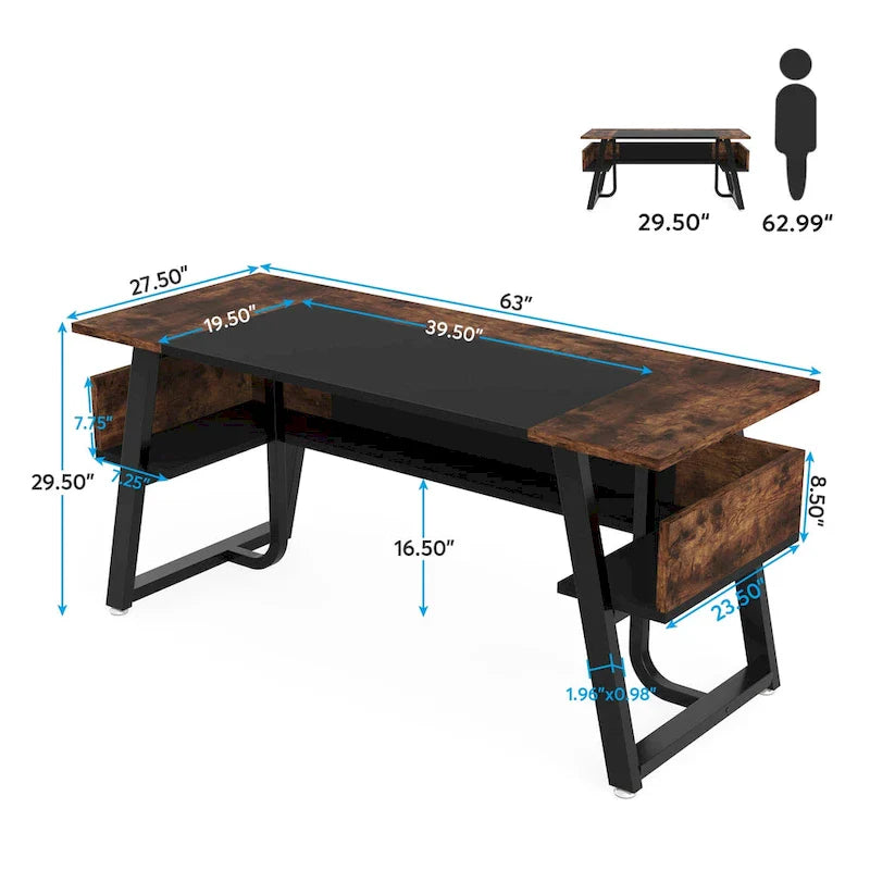 Bureau de 160 cm avec étagère inférieure, brun+blanc / brun rustique+noir, 1 personne