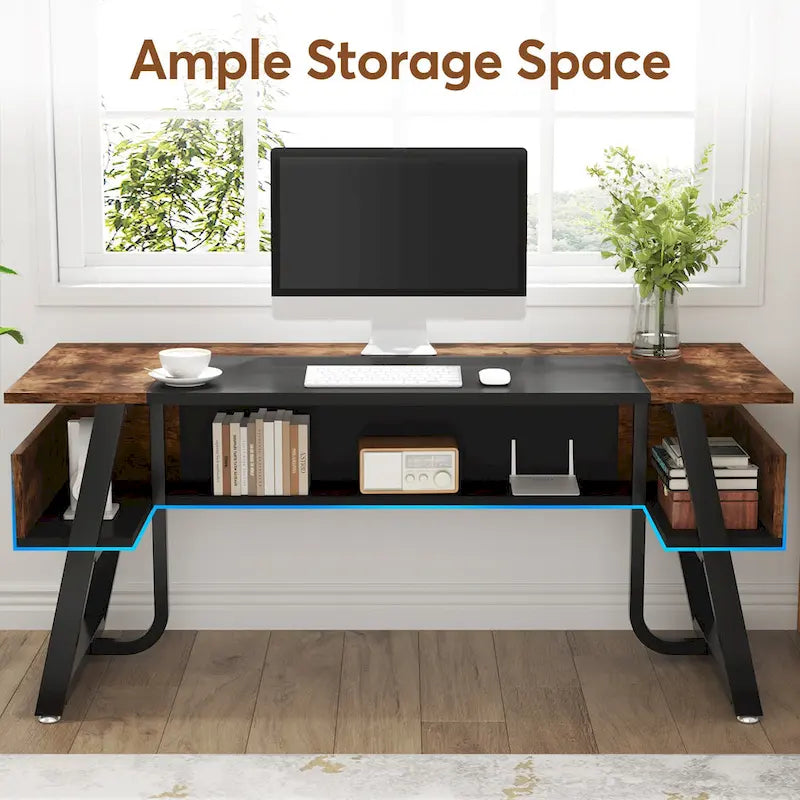 Bureau de 160 cm avec étagère inférieure, brun+blanc / brun rustique+noir, 1 personne