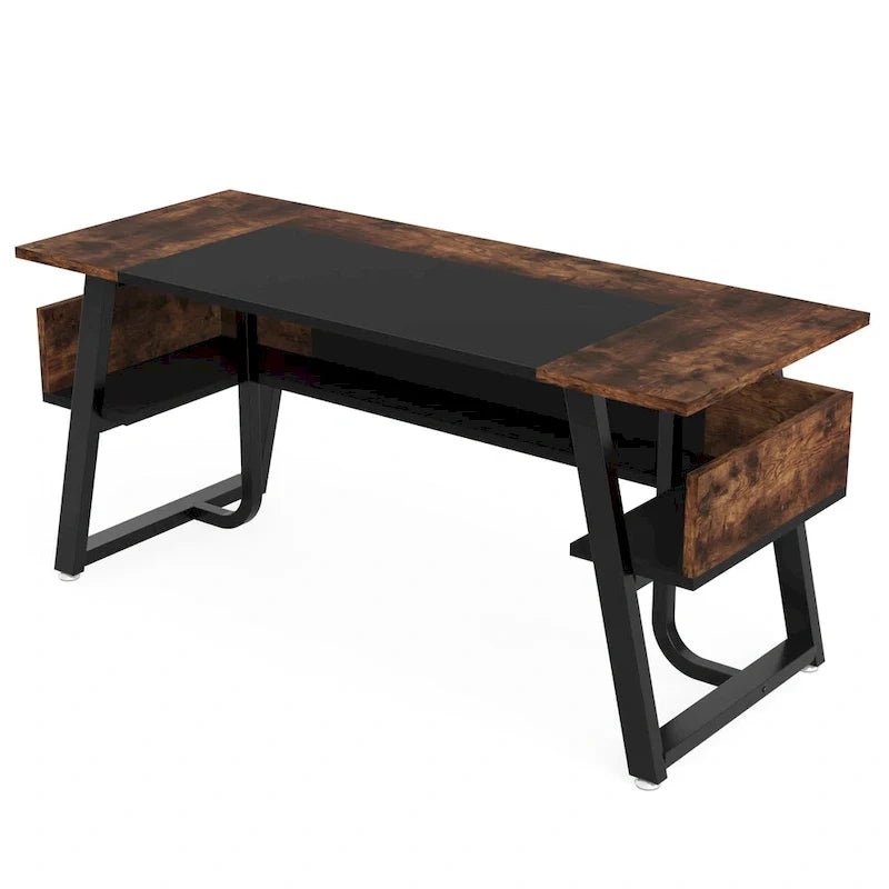 Bureau de 160 cm avec étagère inférieure, brun+blanc / brun rustique+noir, 1 personne