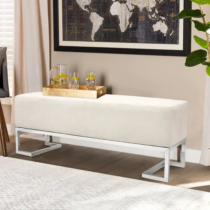 Banc rembourré ivoire/bleu, pieds en acier inoxydable, 3 places
