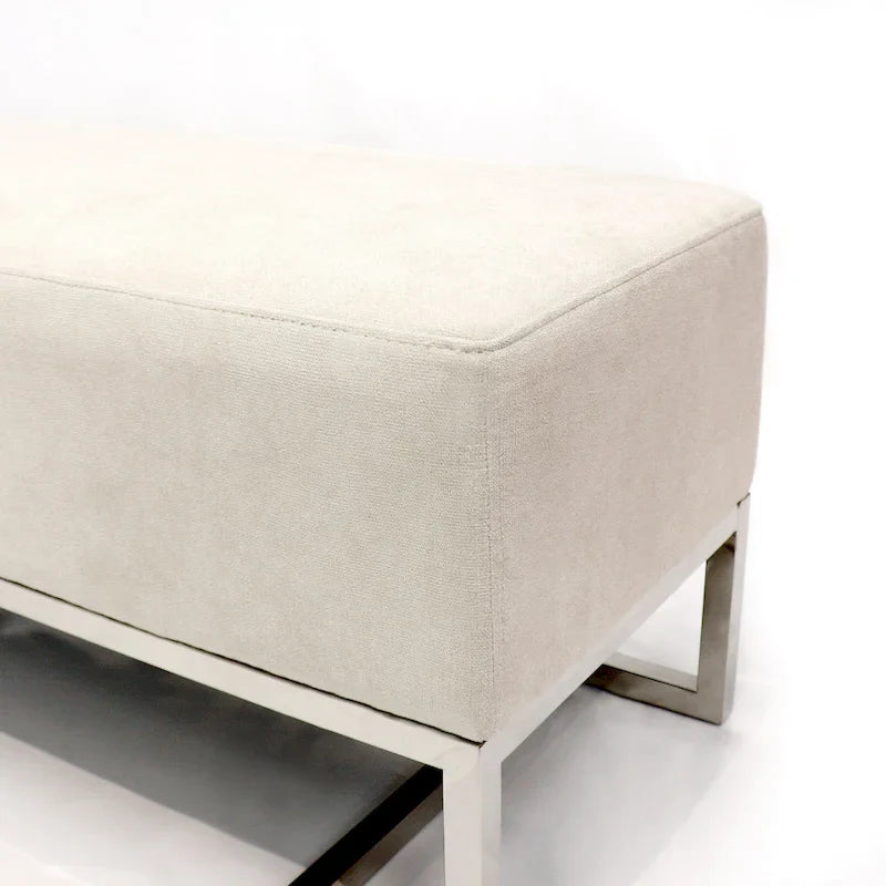 Banc rembourré ivoire/bleu, pieds en acier inoxydable, 3 places