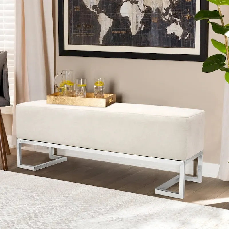 Banc rembourré ivoire/bleu, pieds en acier inoxydable, 3 places