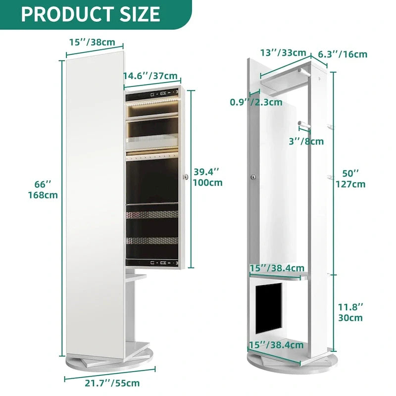 Miroir psyché armoire à bijoux blanc, autoportant, 1 personne