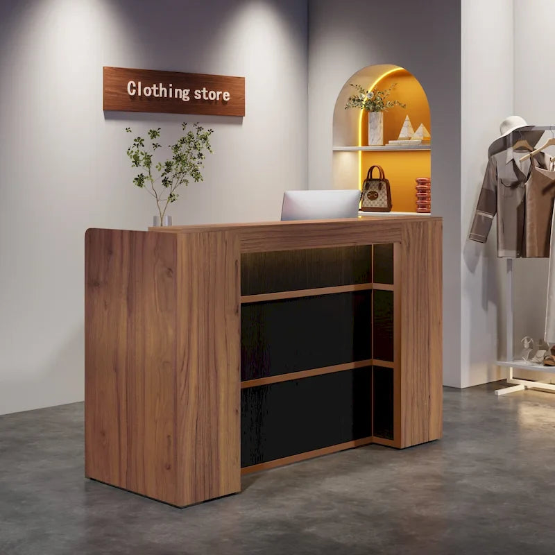 Bureau de réception blanc/marron et noir avec éclairage LED, bureau d'accueil individuel