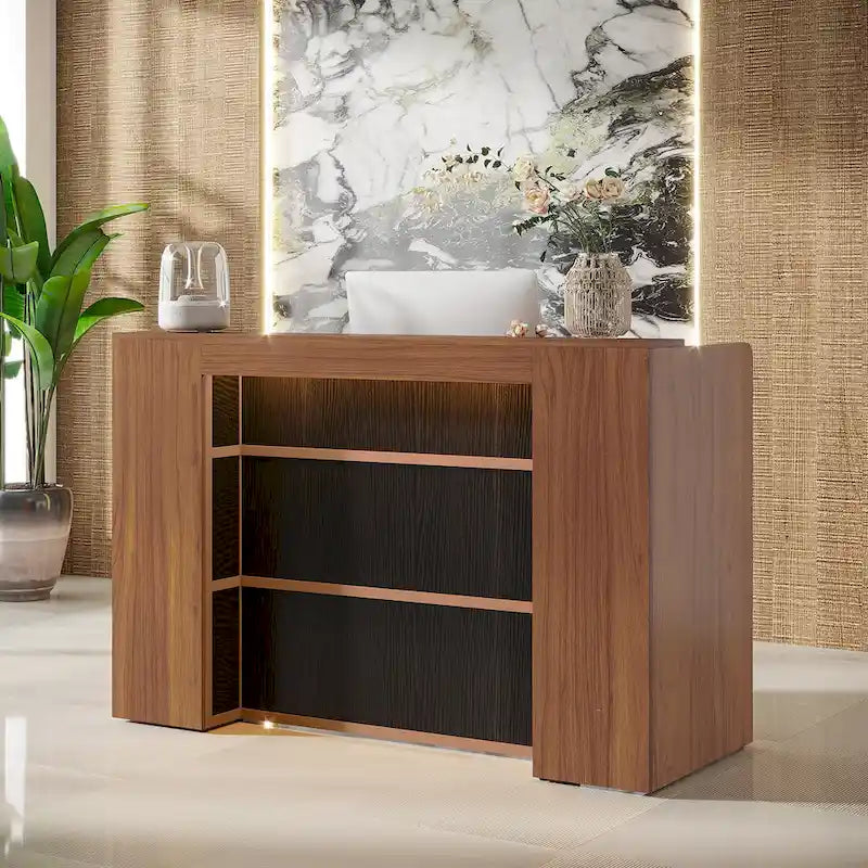 Bureau de réception blanc/marron et noir avec éclairage LED, bureau d'accueil individuel