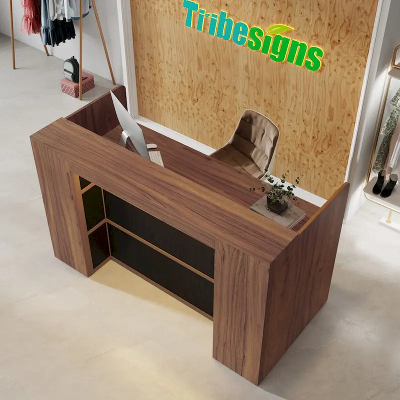 Bureau de réception blanc/marron et noir avec éclairage LED, bureau d'accueil individuel