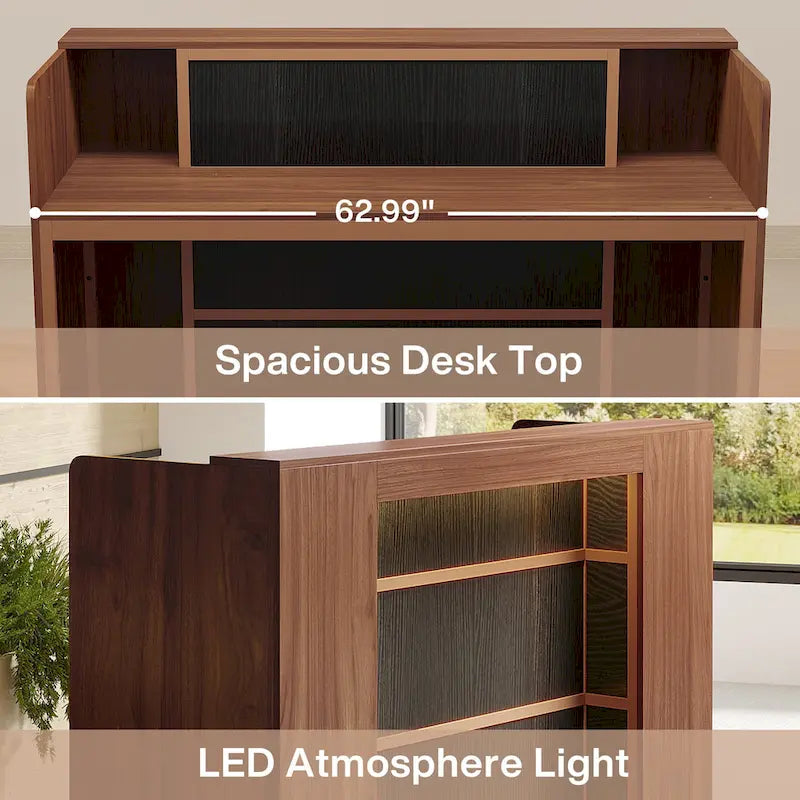 Bureau de réception blanc/marron et noir avec éclairage LED, bureau d'accueil individuel