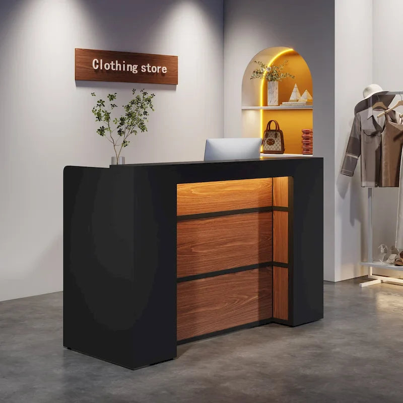 Bureau de réception blanc/marron et noir avec éclairage LED, bureau d'accueil individuel
