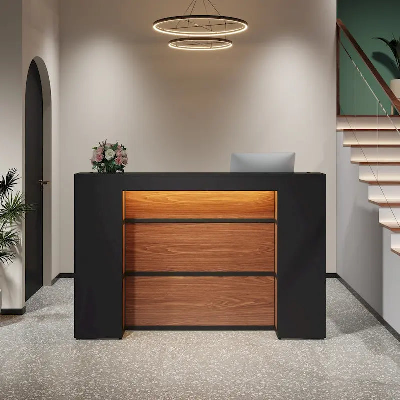 Bureau de réception blanc/marron et noir avec éclairage LED, bureau d'accueil individuel