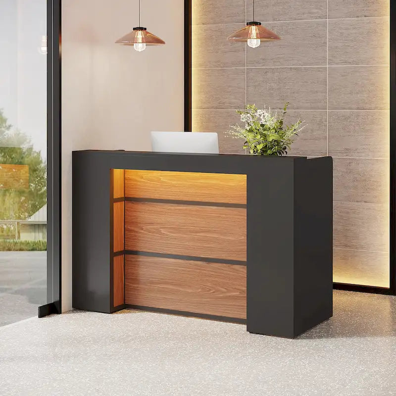Bureau de réception blanc/marron et noir avec éclairage LED, bureau d'accueil individuel