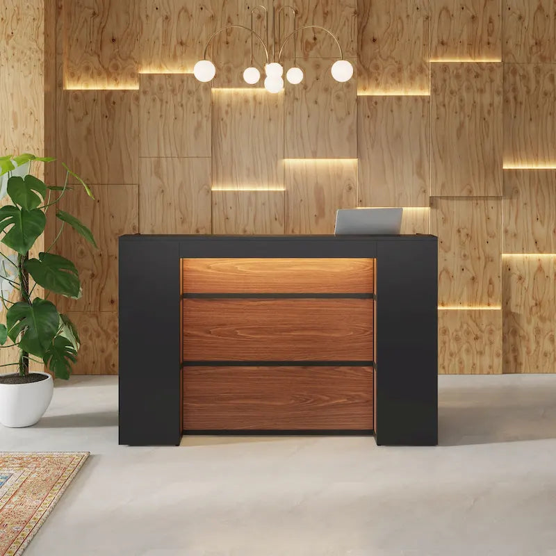 Bureau de réception blanc/marron et noir avec éclairage LED, bureau d'accueil individuel