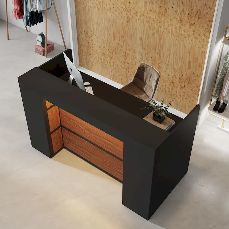 Bureau de réception blanc/marron et noir avec éclairage LED, bureau d'accueil individuel
